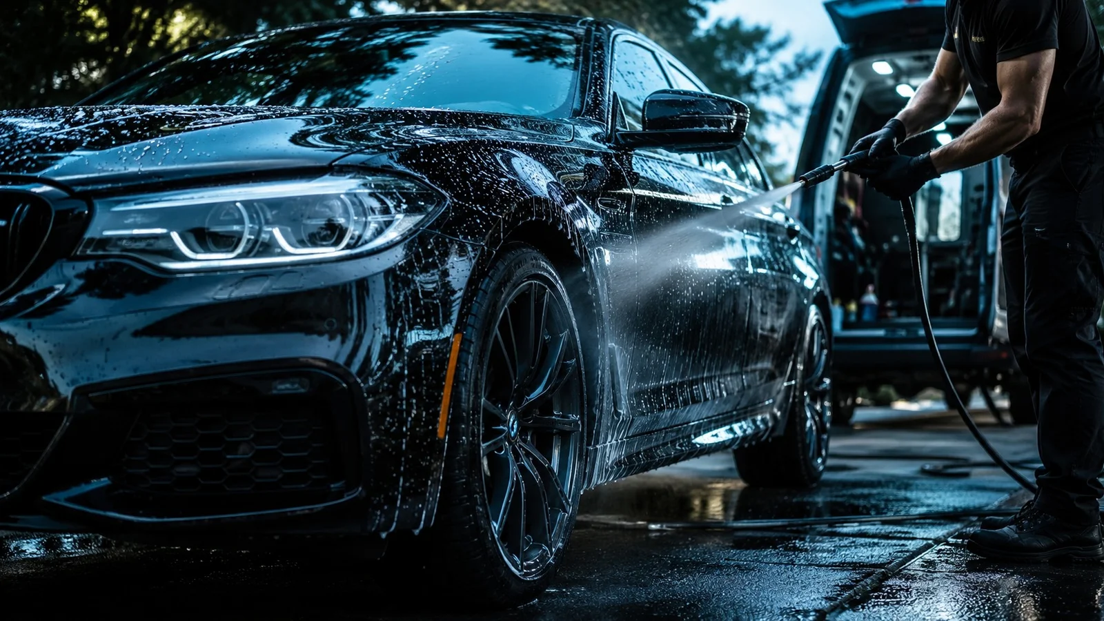 Mobile detailing professional washing a navy sedan at home